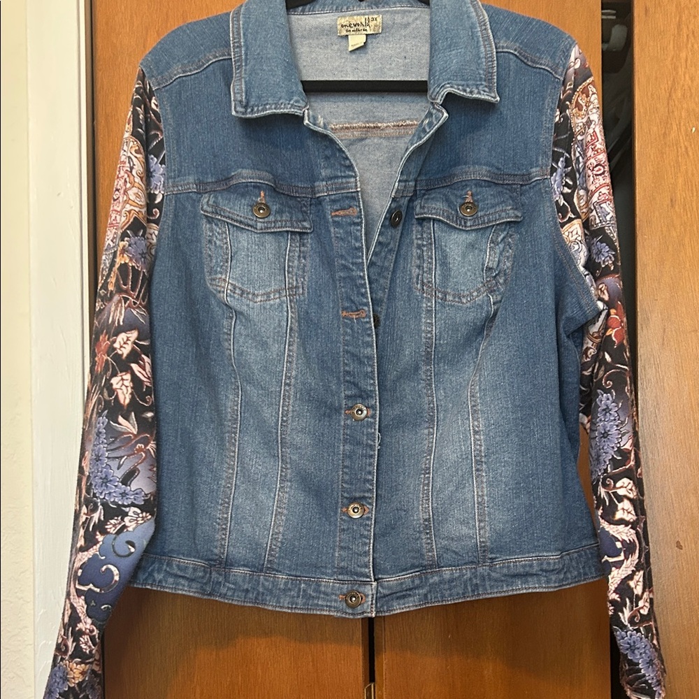 ONE WORLD Blue Denim Jacket with Floral Print Sleeves